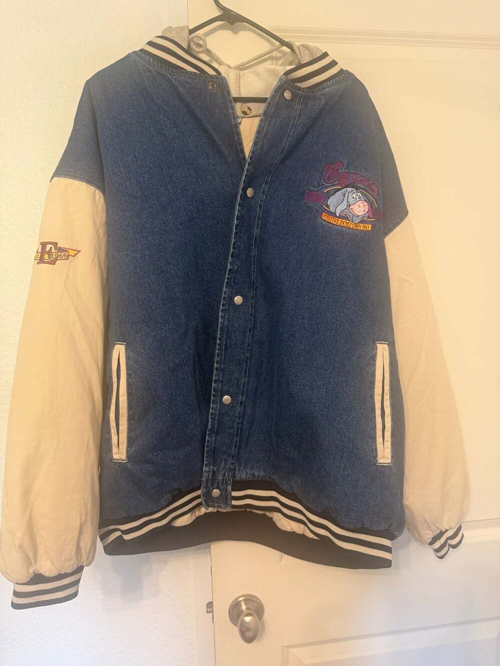 Vintage Disneyland Eeyore 'Friends Forever' Embroidered Denim Varsity Jacket wit